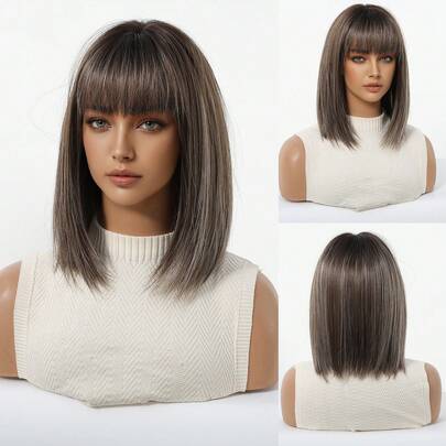 女士棕色渐变直刘海假发 - 耐热哑光纤维材质，配玫瑰网帽 - 春节、情人节、母亲节、生日等节日的完美礼物，适合日常和节日佩戴，是日常、假日旅行和节日美容必备的理想之选，也是万圣节和圣诞节的绝佳礼物。
