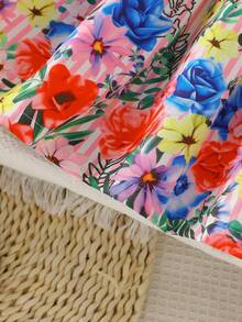 2pcs Young Girls Summer Outfit: Floral & Stripe Print Flutter Sleeve Button Decor Top And Floral Printed + Solid Color Sleeveless A-Line Skirt Set - Pink - View 8