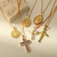 1pc Elegant Crystal Cross Pendant Necklace, Unisex - Stainless Steel, Gold Chain, Inlaid With Black, Transparent And Pink Gems, Versatile Jewelry Gift For Men And Women, Suitable For Casual Or Formal Occasions | Graceful Necklace | Cross Necklace