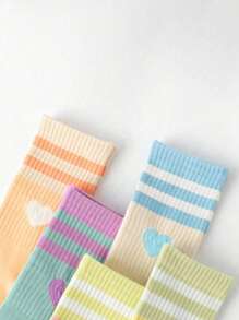 5 双女童纯色条纹心形图案长筒袜，韩版休闲运动中筒袜，舒适透气幼儿长袜，适合春秋季