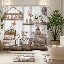 1/4 pièces Ensemble de décoration de salle de bain de style ferme, citations motivantes, grain de bois rustique, motifs floraux et de papillons. Rideau de douche imperméable en polyester avec crochets, tapis de bain antidérapant, housse de siège de toilette et accessoires de bain d'extérieur pour la rentrée scolaire