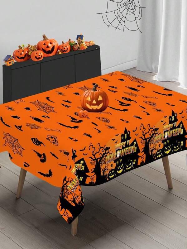 1pc Halloween Plastic Tablecloth, 130*220cm Pumpkin Spider Web Bat And Castle Pattern Disposable Table Cover, Spooky Halloween Party Table Decorations, For Parties, Events, Indoor/Outdoor Use, Festive Halloween Decorations 2025 Tablecover