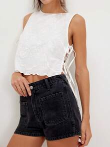 Womens Summer Lace Floral Crop Tank Top Sleeveless Side Tie-Up Eyelet Embroidery Vest Shirts Casual Beach Vacation Clothes - trắng - Xem 4