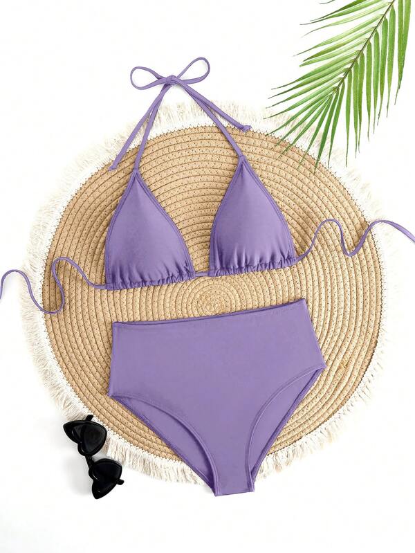 Women's Solid Color Halter Neck Adjustable Chest Strap Triangle Cup Sexy Bikini High Waisted Swimwear Set