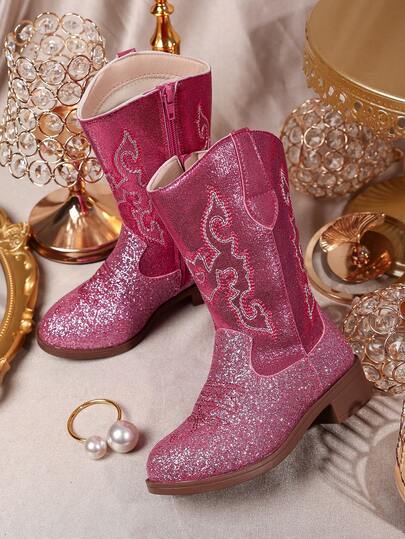 1 Pair Girls' Colorful Embroidered Sequin Synthetic Leather Round Toe Mid-Top Zipper Chunky Heel Western Style Shoes, Suitable For Everyday And Party Wear