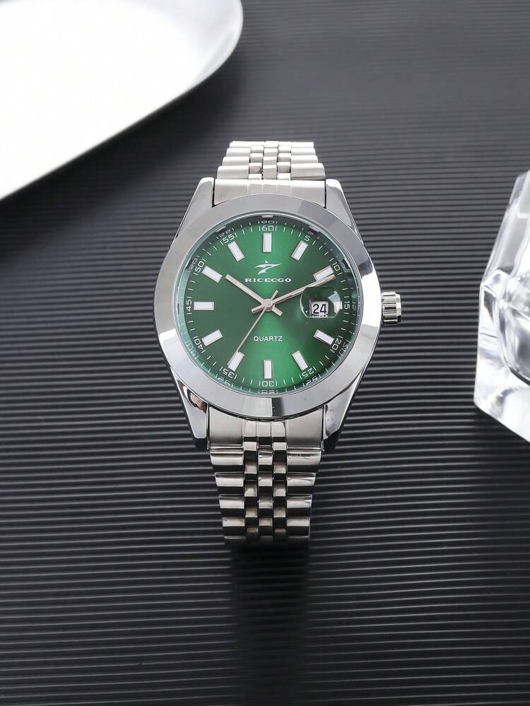 Reloj de cuarzo clásico para hombres RICECGO, estilo de negocios, esfera redonda, función de calendario, correa de acero inoxidable, adecuado para uso diario, un regalo ideal para cumpleaños u ocasiones especiales, también un reloj asequible para volver a la escuela - Plateado - Añade 14