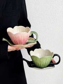 1pc Embossed Tulip Design Ceramic Cup & Saucer Set, Creative, Personalized, Coffee/Latte Cup Set, French Retro Style, High-End Delicate Gift For Women, Mother's Day Present Back To School