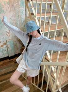 Blue Striped Long Sleeve Lightweight Sun Protection T-Shirt With Embroidery Detail, Loose Relaxed Fit Coverup