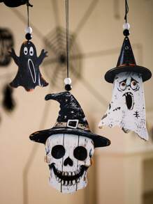 1Pc Halloween DIY Wooden Hanging Ornaments – Ghost, Skull & Witch Hat Cutouts With String For Spooky Wall, Door, Ceiling, Party, Haunted House Decor Home Decor Halloween Decor Fall Decor Room Decor