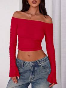 Women's Long-Sleeved T-Shirt Casual Temperament Off-The-Shoulder Pleated Slim-Fit Short Top Going Out Summer Shirt - 紅色 - 查看 3