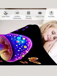 1 件明亮的夜光蘑菇羊毛毯 - 柔软、温暖的法兰绒毯子，带有霓虹紫色、蓝色、绿色和红色蘑菇图案 - 四季皆宜，可机洗涤纶，适用于沙发、床、旅行、露营和办公室