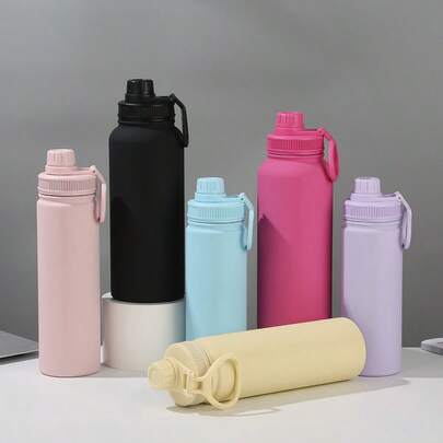 1pc 750ml/25oz Stainless Steel Water Bottle With Portable Strap, Large Capacity And Insulated, Rubber Coated Surface For Soft Texture