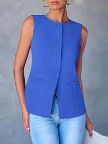 Women's Summer Suit Vest Top Formal Business Casual Sleeveless Button Slimming All Fashion Suit Jacket Vest - 藍色 - 查看 5