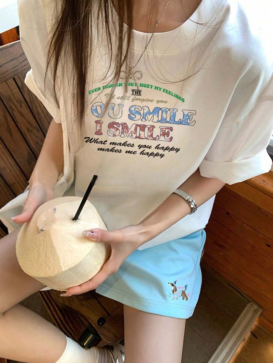 200g Pure Cotton T-Shirt 2025 Summer Ladies New Short Sleeve Pure Cotton Holiday Pattern Short Sleeve Round Neck Couple Wear Small Shirt Tops - 白色 - 查看 1