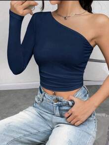 Women's Cropped Top T-Shirt Blouse With One-Shoulder Neckline Suplex Fabric Ideal For Going Out On Casual Romantic Elegant And Sophisticated Dates - 藏蓝色 - 查看 5