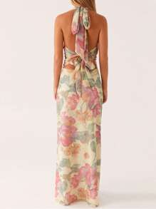 Halter Long Dress For Women Summer Fashionable Flower Print Backless V Neck Slim Fit Sleeveless Dress