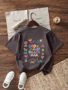 青少年女孩休闲趣味图案印花圆领短袖 T 恤上衣，夏季 - 深灰色 - 查看 3