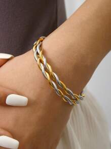 TONSI 1pc Elegant Charming Minimalist Chic Stainless Steel 18K Gold Plated Spiral Twist Bangle Bracelet, Suitable For Summer, Workday, Party, Women Jewelry