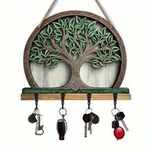 11.81x9.64 Inch Bohemian Style Wooden Life Tree Wall Decor Key Holder Hook, Multifunctional Entryway, Kitchen And Living Room Organizer, Easy To Install Functional Storage Rack, Finished Painted Hook Rack, 2D Flat - Multicolor - View 4