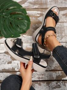 Women's Simplistic Wedge Sandals, Breathable PU Material, Mid Heel Casual Beach Sandals, Versatile For Daily Commute