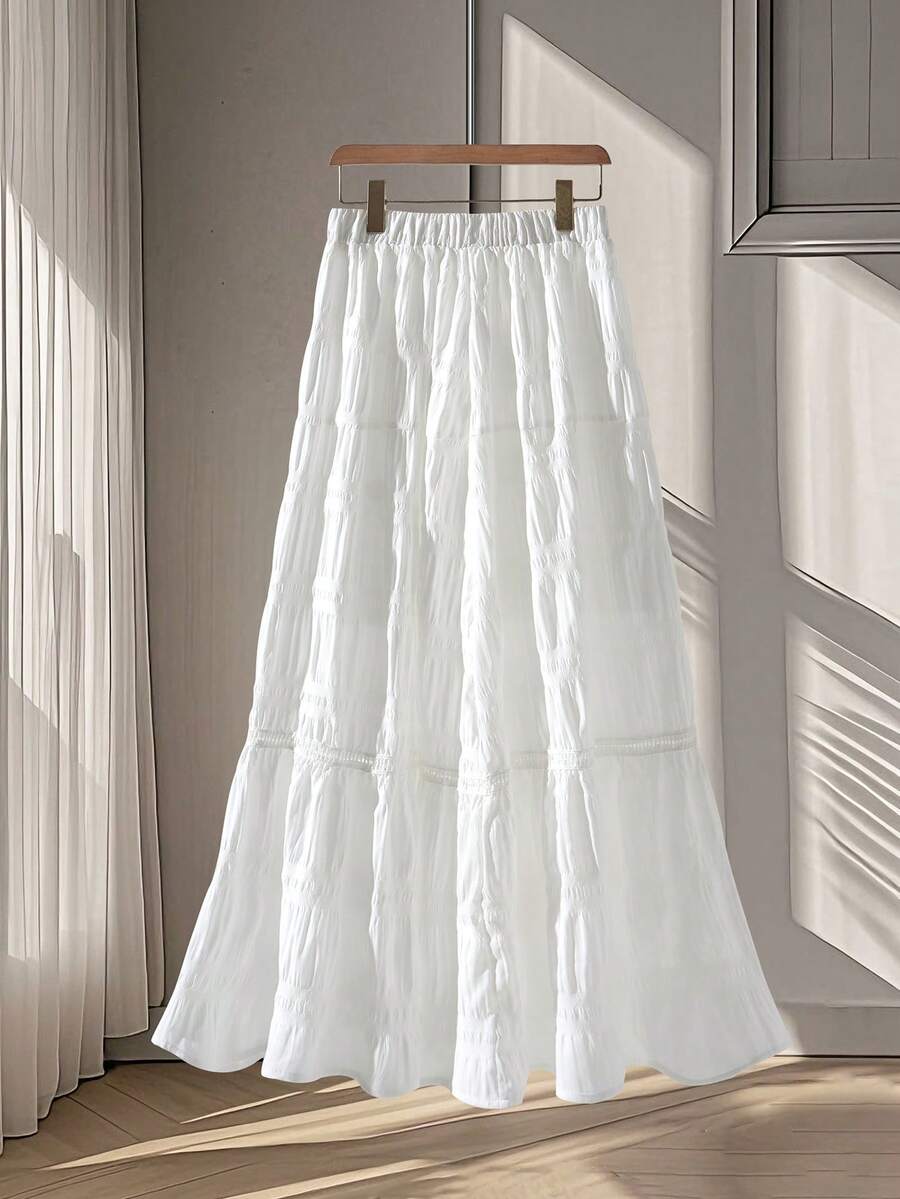 Plain Color Pleated Casual Ruffle Patchwork Skirt - White - View 1