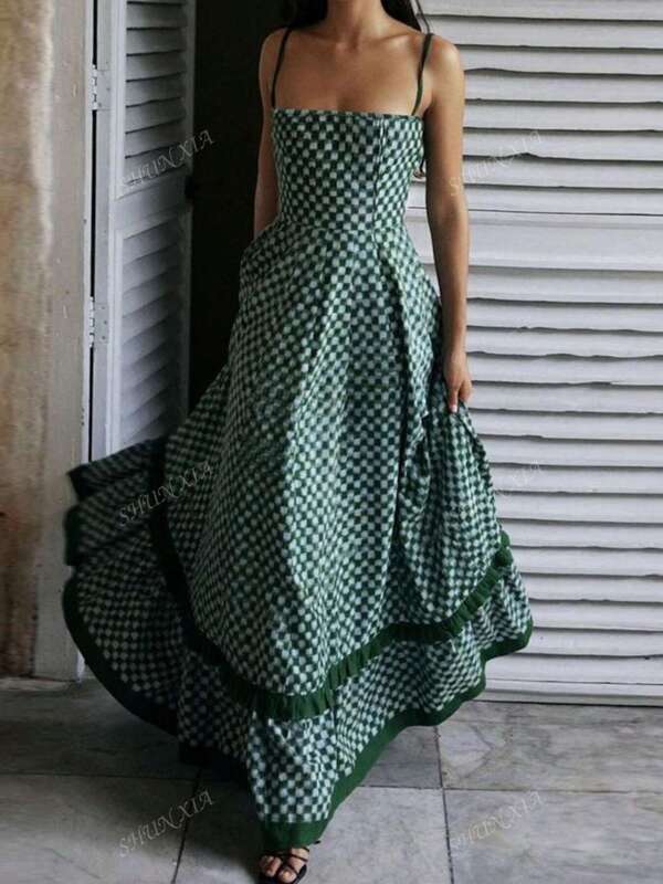 1pc Plaid Backless Bohemian Woven Fabric Dress, Suitable For Dates, Holidays, Traveling, Spring/Summer