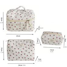 3pcs Makeup Bag Quilted Cosmetic Bag Silk Ribbon Large Floral Make Up Bag For Women Bow Cotton Makeup Bag Set Flower Travel Toiletry Bag - Màu xanh lam - Xem 9