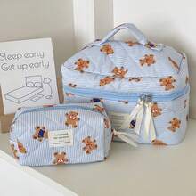 3pcs Makeup Bag Quilted Cosmetic Bag Silk Ribbon Large Floral Make Up Bag For Women Bow Cotton Makeup Bag Set Flower Travel Toiletry Bag - Xanh đậm - Xem 7