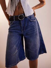 Women Long Baggy Jean Shorts Y2k Vintage Straight Leg Casual Knee Length Denim Bermuda Shorts Jorts With Pockets
