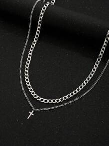 Set de 2 collares para hombre con colgante geométrico de doble capa, adecuado para uso diario, regalo de Navidad y Año Nuevo