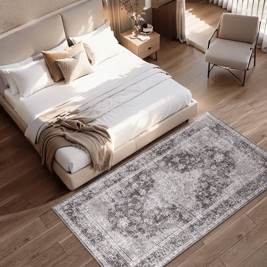 Boho Vintage Area Rug - Washable Faux Wool Low Pile Carpet | Non-Slip & Non-Shedding Indoor Rug For Living Room, Bedroom, Kids Room & Home Office - 深灰色 - 查看 1