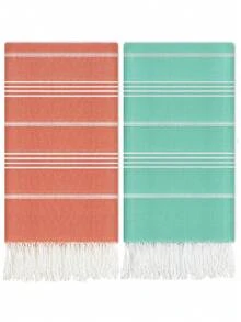 2 件土耳其沙滩巾，紧凑超大超快干薄款奢华沙滩巾，最适合旅行必备品、沙滩毯、热水浴缸、度假和节日礼物 - 彩色 - 查看 7