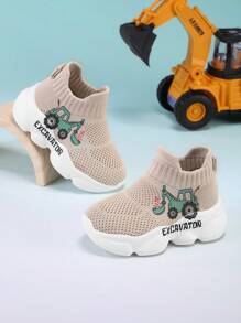 2025 New Cute Excavator Print Children & Teen Casual Fashionable Shock Absorbing Anti-Slip Breathable Lightweight Slip-On Outdoor/Indoor Walking Running Sports Sneakers