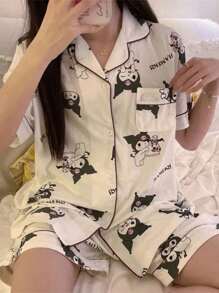 Sanrio 1 Set de pijama con estampado de personajes de Sanrio. Pijama de dibujos animados de Kuromi en morado, cómodo e inspirador