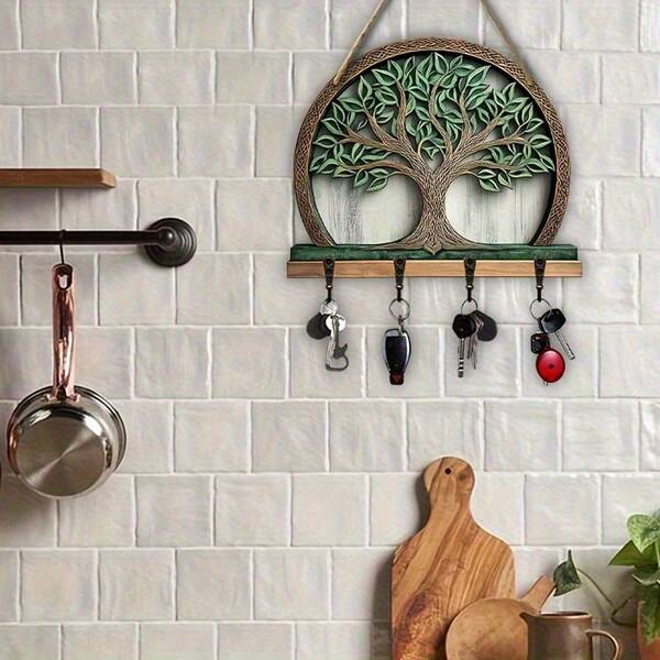 11.81x9.64 英寸波西米亚风格木质生命树墙饰钥匙挂钩，多功能玄关、厨房和客厅收纳架，易于安装的实用储物架，成品喷漆挂钩架，2D 平面