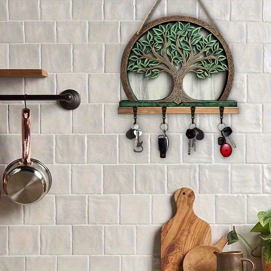 11.81x9.64 Inch Bohemian Style Wooden Life Tree Wall Decor Key Holder Hook, Multifunctional Entryway, Kitchen And Living Room Organizer, Easy To Install Functional Storage Rack, Finished Painted Hook Rack, 2D Flat - Multicolor - View 1