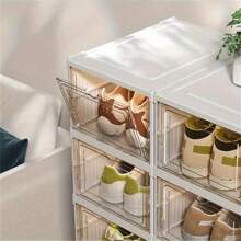 1pc 6-Tier Modern Foldable Shoe Rack, Standalone Plastic Storage Box With Lid, Stackable, Transparent, Dust-Proof, No-Assembly Organizer