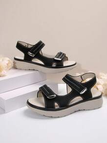 Women's Simplistic Wedge Sandals, Breathable PU Material, Mid Heel Casual Beach Sandals, Versatile For Daily Commute