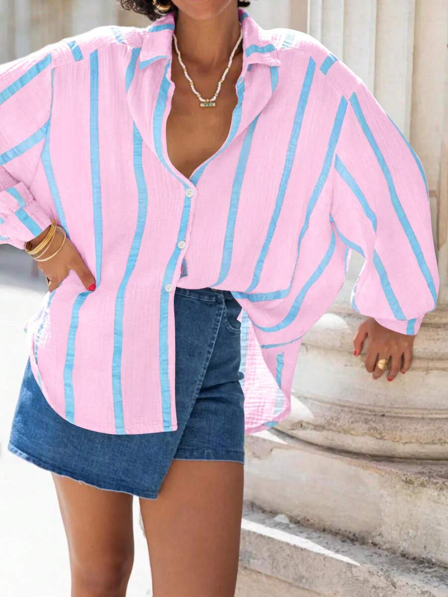 Women's Pink Striped Loose Blouse, Elegant Cardigan Top, Fashionable For Commute, Daily Wear, Valentine's Day Outing, Fit For Spring & Summer - Pink and Blue Stripes - View 1
