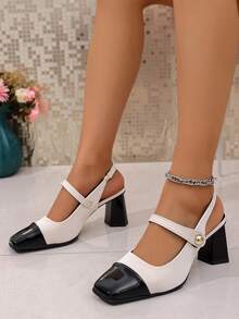 复古方头法式高跟凉鞋，时尚包头高跟鞋，性感优雅的粗跟玛丽珍鞋，亮面皮革，魔术贴闭合，适合约会、伴娘、所有季节 - 米色 - 查看 5