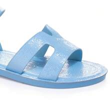 Women's Flat Roman Sandals, Textured Shoelace Design With Adjustable Buckle, Comfortable For Summer Wear - Blue - View 2