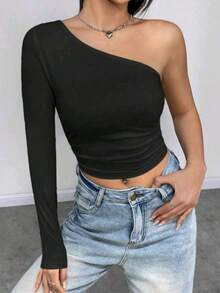 Women's Cropped Top T-Shirt Blouse With One-Shoulder Neckline Suplex Fabric Ideal For Going Out On Casual Romantic Elegant And Sophisticated Dates - 黑色 - 查看 1