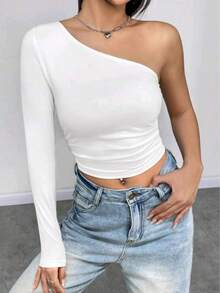 Women's Cropped Top T-Shirt Blouse With One-Shoulder Neckline Suplex Fabric Ideal For Going Out On Casual Romantic Elegant And Sophisticated Dates - 白色 - 查看 4