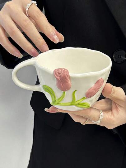 1 件粉色手工北欧风格郁金香咖啡杯，极具吸引力的 Ins 风格下午茶杯，创意居家饮水杯，节日礼物，生日祝福，送给男朋友或女朋友的礼物