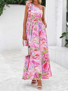 Women Summer Dress Floral One Shoulder Sleeveless Smocked Ruffle Flowy Long Dress With Pocket Boho Beach Vacation Holiday Wedding Guest Valentine Maxi Dress Outfits - 粉色 - 查看 3