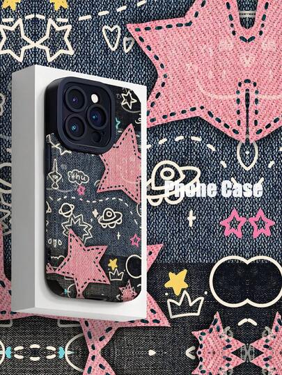 1pc Vintage Denim Patchwork Design Classic Anti-Fall Soft PU Leather Phone Case