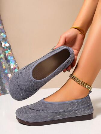 Summer Women Casual Mary Jane Flat Shoes With Rhinestone, Suede Soft Bottom Low Vamp Fashion Comfortable Flat Shoes For Work