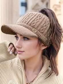 1 件冬季女士针织帽，弹力马尾棒球帽，带护耳，厚保暖内衬弹力帽，无羽毛，可手洗涤纶棒球帽 - 彩色 - 查看 8