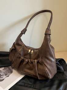 Korean Version Simple Niche Solid Color Black Vintage Texture Women's Bag Autumn And Winter New Fashion Handbag, Casual Versatile Commuting Travel Large Capacity Shoulder Bag