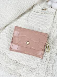 鳄鱼压纹翻盖石压纹迷你钱包口袋钱包时尚简约卡包轻薄便携现金身份证信用卡零钱袋生日礼物周年纪念礼物情侣女士女孩女士青少年大学生学校学生男士 - 粉色 - 查看 4